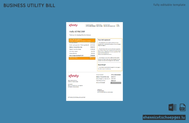 Beispielseite 1 der Geschäftsrechnung von Xfinity Comcast in San Francisco